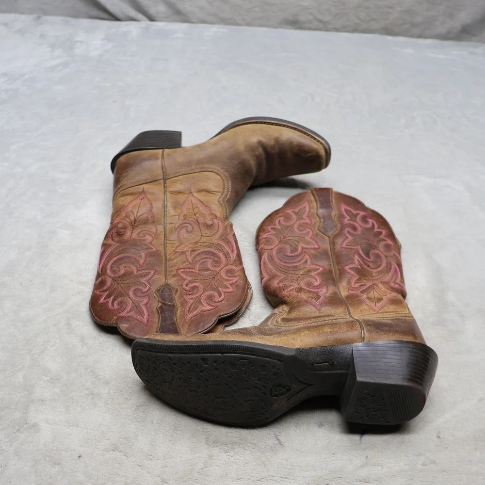Ariat Women 7.5B Cowboy Boots Brown Leather Round Up Square Toe Western 10014172